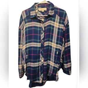 Vintage Havana Blue White Plaid Button Down Washed Flannel Shirt Long Sleeve Med